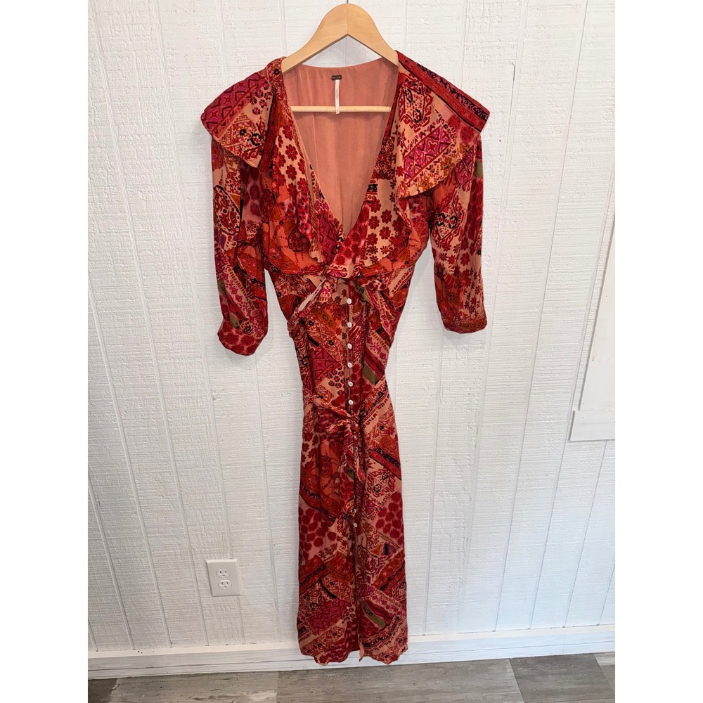 Free People Maxi Dress Womens XS Red Patchwork Floral Ruffle V-Neck Boho Dress